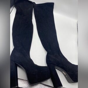 Thigh High Chunky Heel Boots Black Velvet Sexy Goth Romantic Platform Size 8